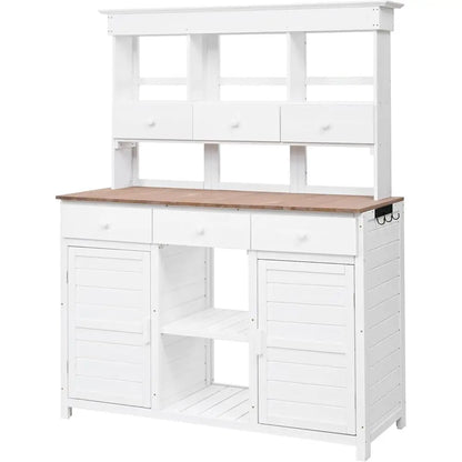 White Outdoor Potting Bench with Hutch,65.7 Tall