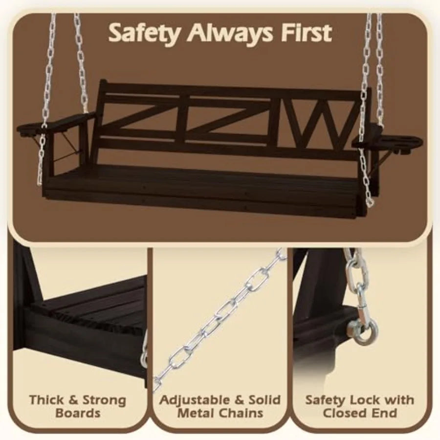 Heavy Duty Wooden Porch Swing with Hanging Chains  800 LBS Capacity