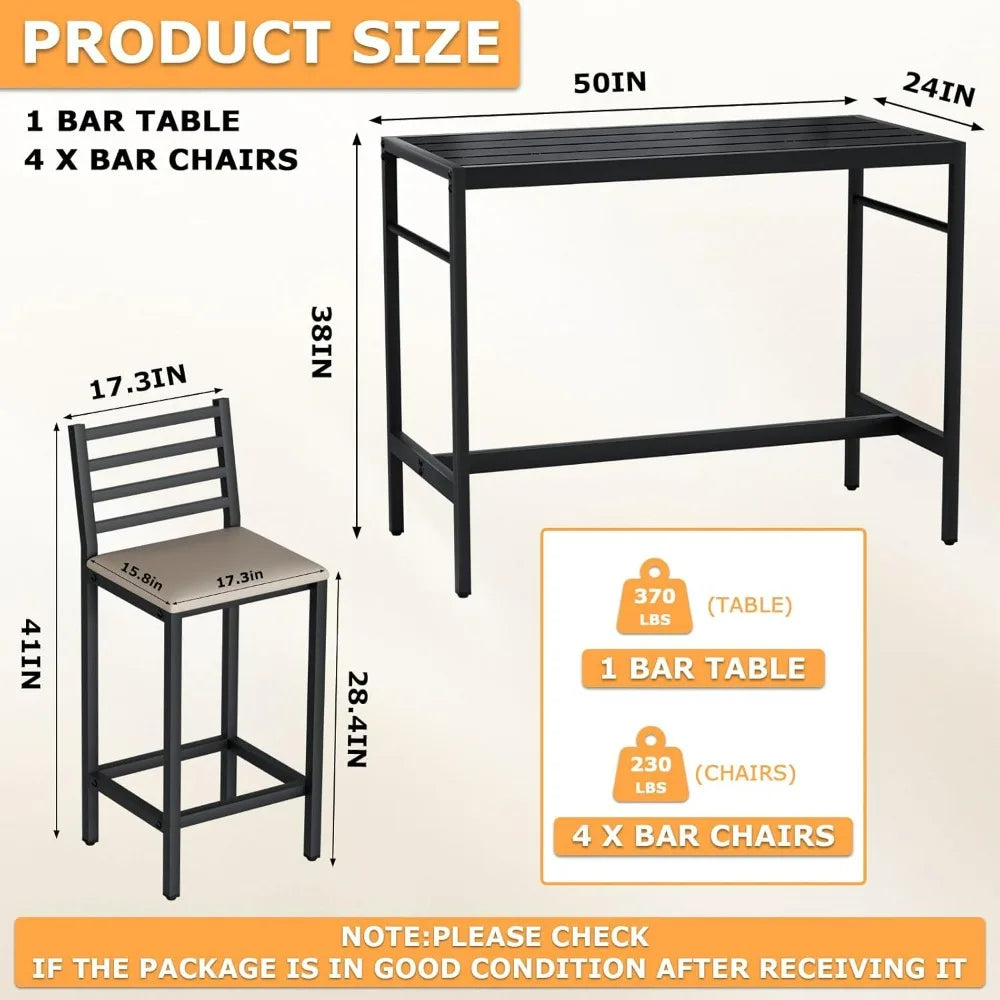 5-Piece Outdoor Patio Bar Set with 54.7 Rectangular High-Top Table and 4 Cushioned Bar Stools