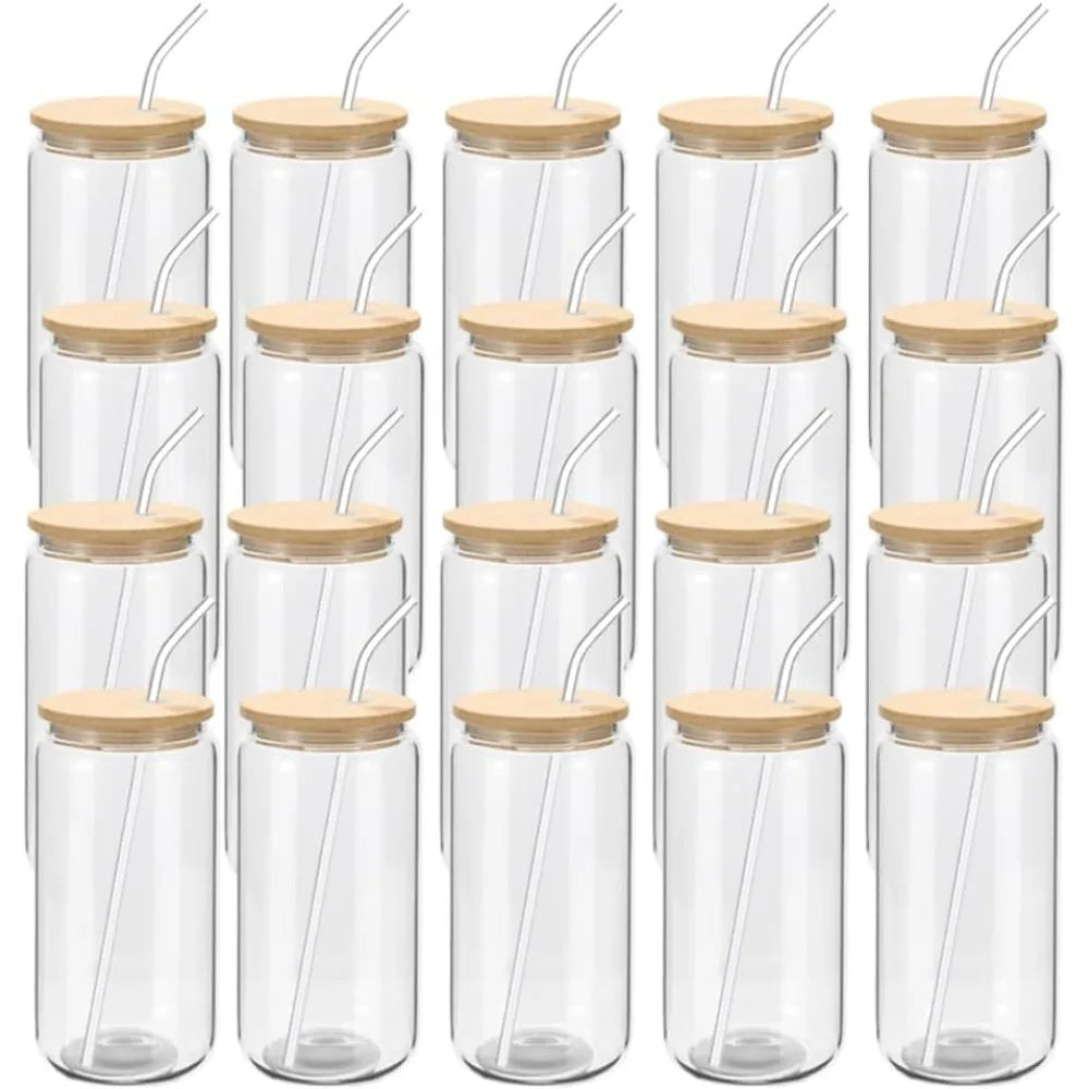 20 Pack Glass Cups with Bamboo Lids and Glass Straw 16oz