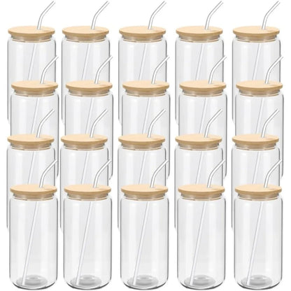 20 Pack Glass Cups with Bamboo Lids and Glass Straw 16oz