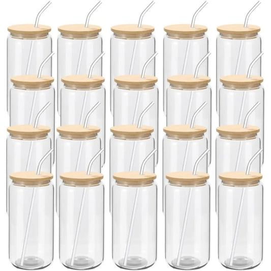 20 Pack Glass Cups with Bamboo Lids and Glass Straw 16oz