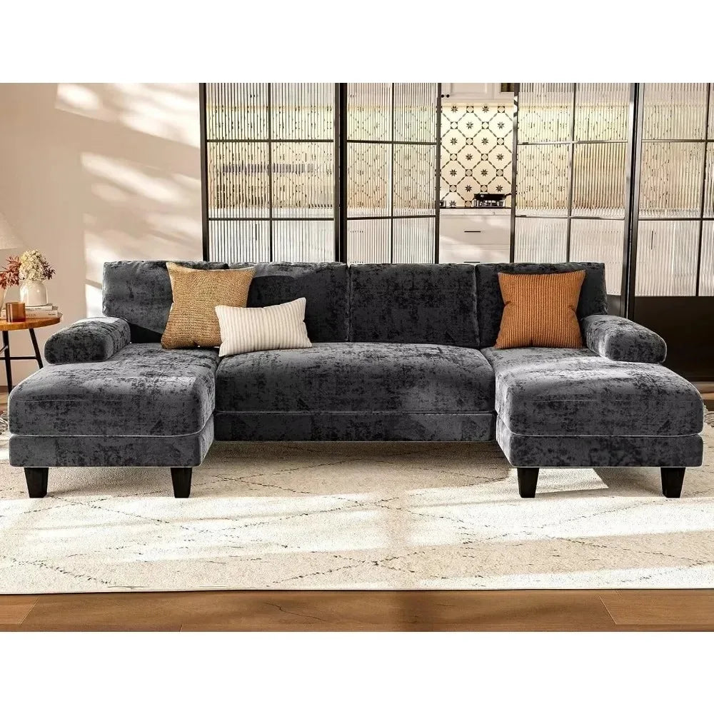 Grey,U Shaped Sectional Couches ,111 Inch Modular Sofa with Double Chaise