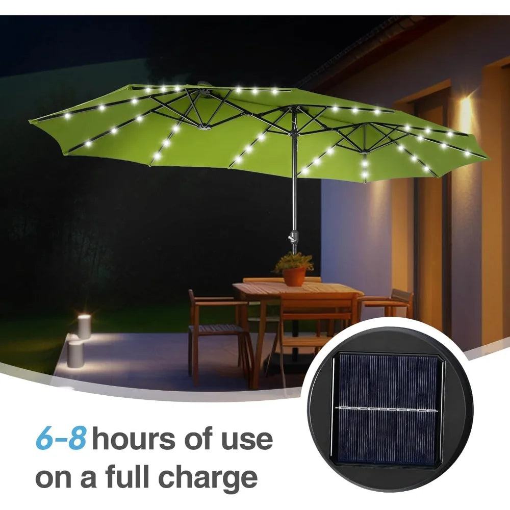 15 ft Rectangle Patio Umbrella with Solar Lights and Base Included