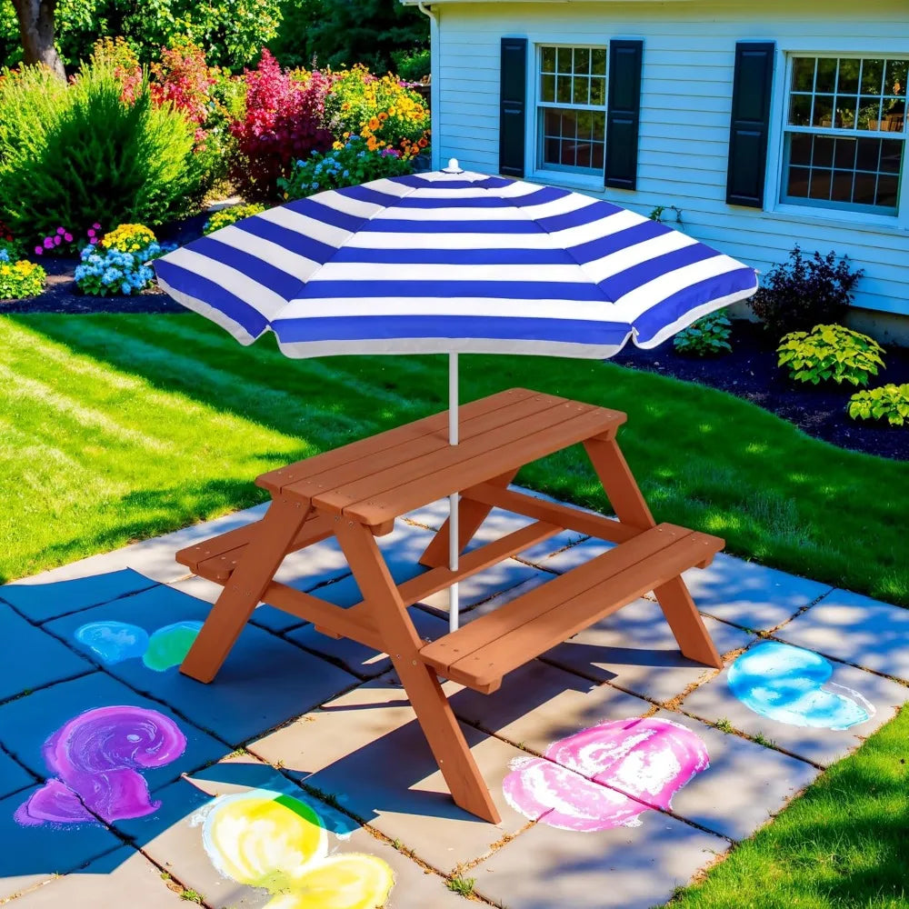 Kids Wooden Picnic Table w/Adjustable Collapsible Umbrella