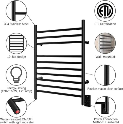 Towel Warmer Wall-Mounted Hardwired Heated Towel Rack Matte Black