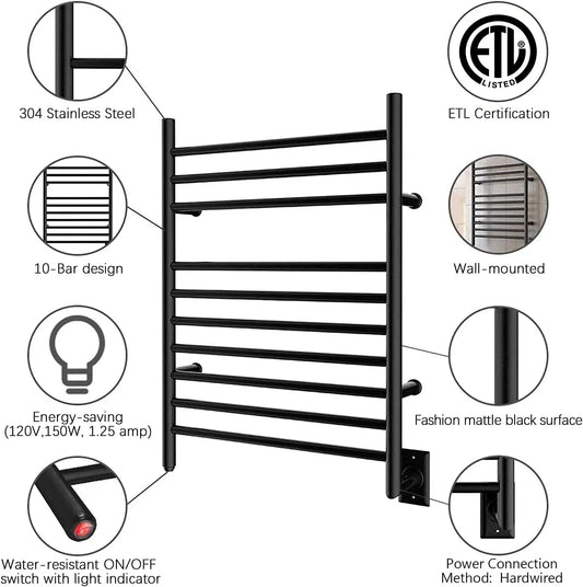Towel Warmer Wall-Mounted Hardwired Heated Towel Rack Matte Black
