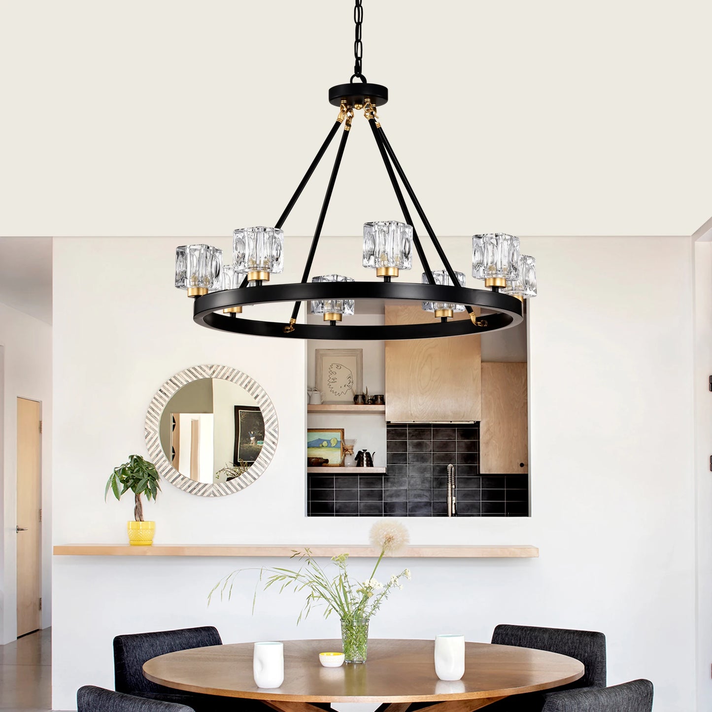 Matte Black + Gold Wagon Wheel Chandelier