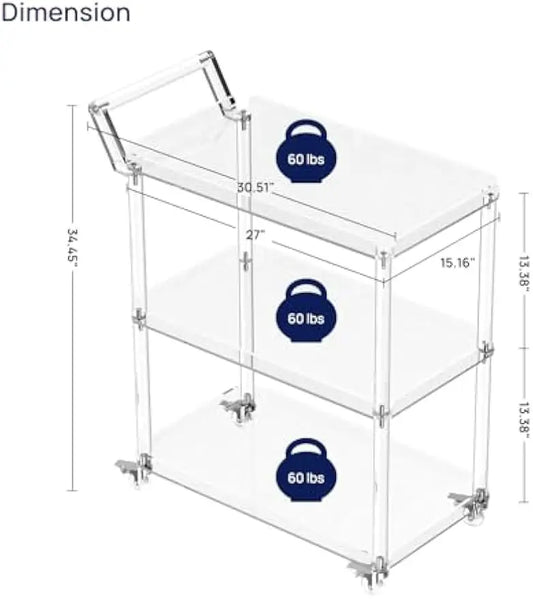 Acrylic Bar Cart with 4 Lockable Wheels, 30.5" L x 15.2" W x 34.5" H, Rolling Serving Cart, Modern, 3-Tier, Clear