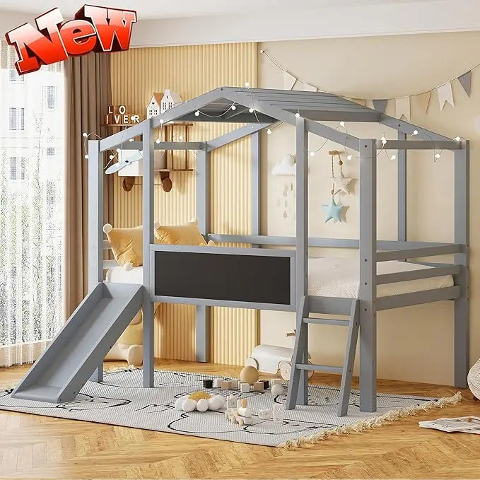 Kids House Loft Bed with Slide, Twin Size