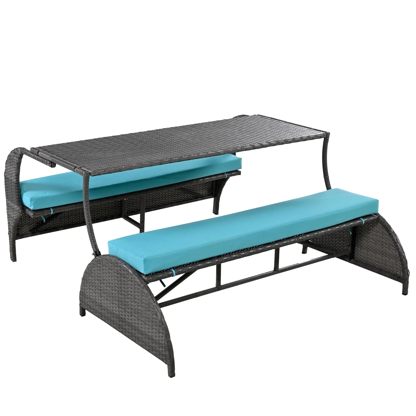 Outdoor Rattan Loveseat Convertible Picnic Upholstered Bench