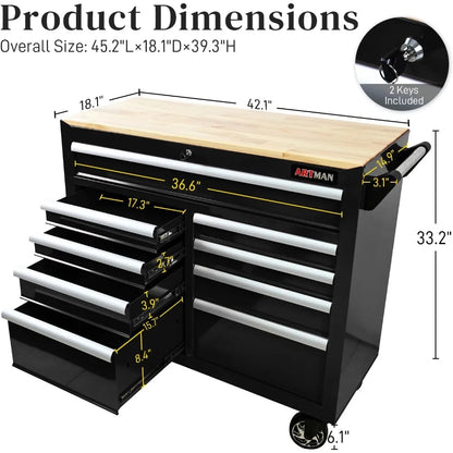 Heavy Duty Rolling Chest with 9-Drawer Wood Top
