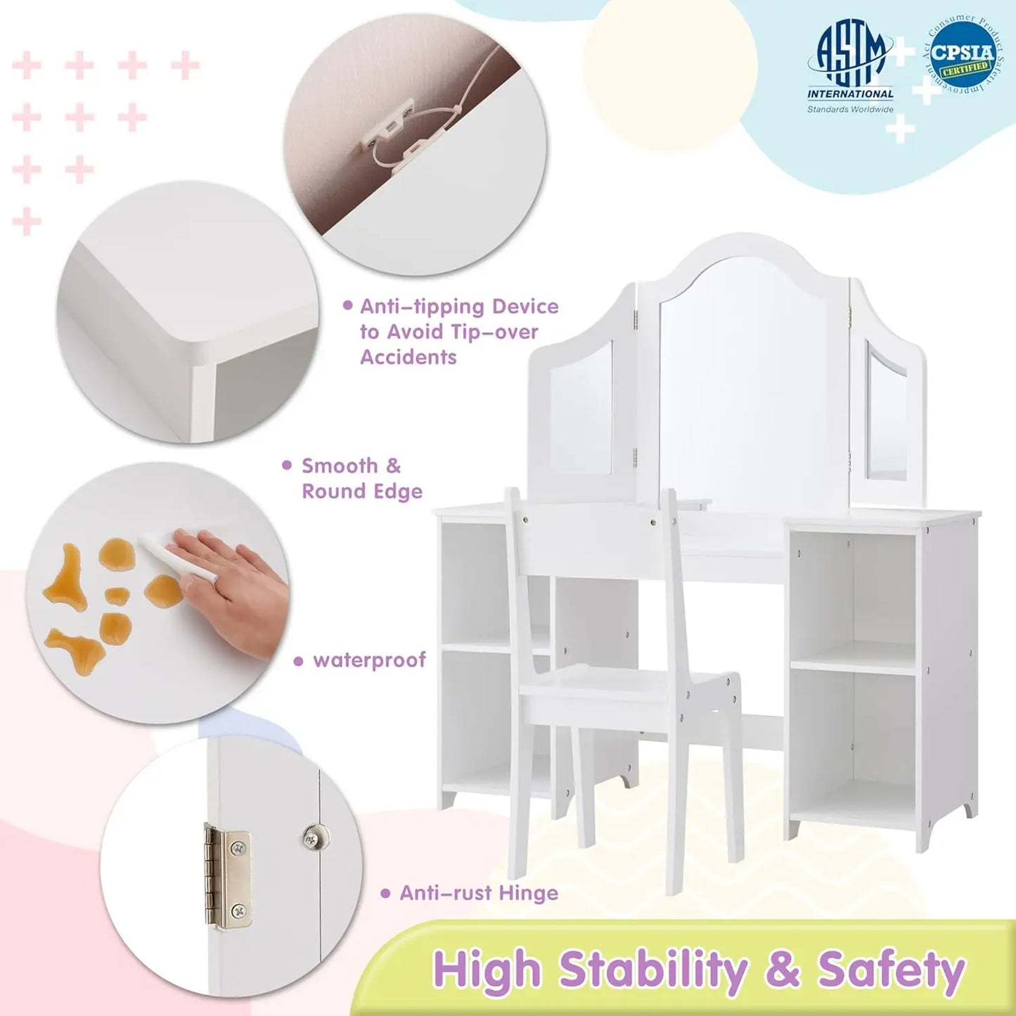 2 in 1 Kids Vanity with Mirror & Chair, White