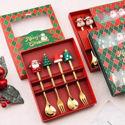 4Pcs Christmas Fork And Spoon Set Stainless Steel