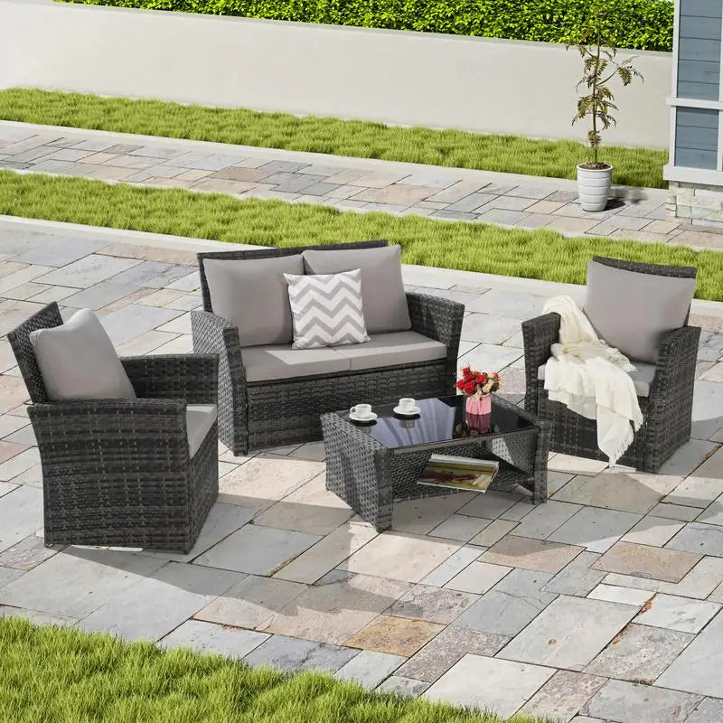 4-Piece Outdoor Patio Furniture Set - Rattan Wicker