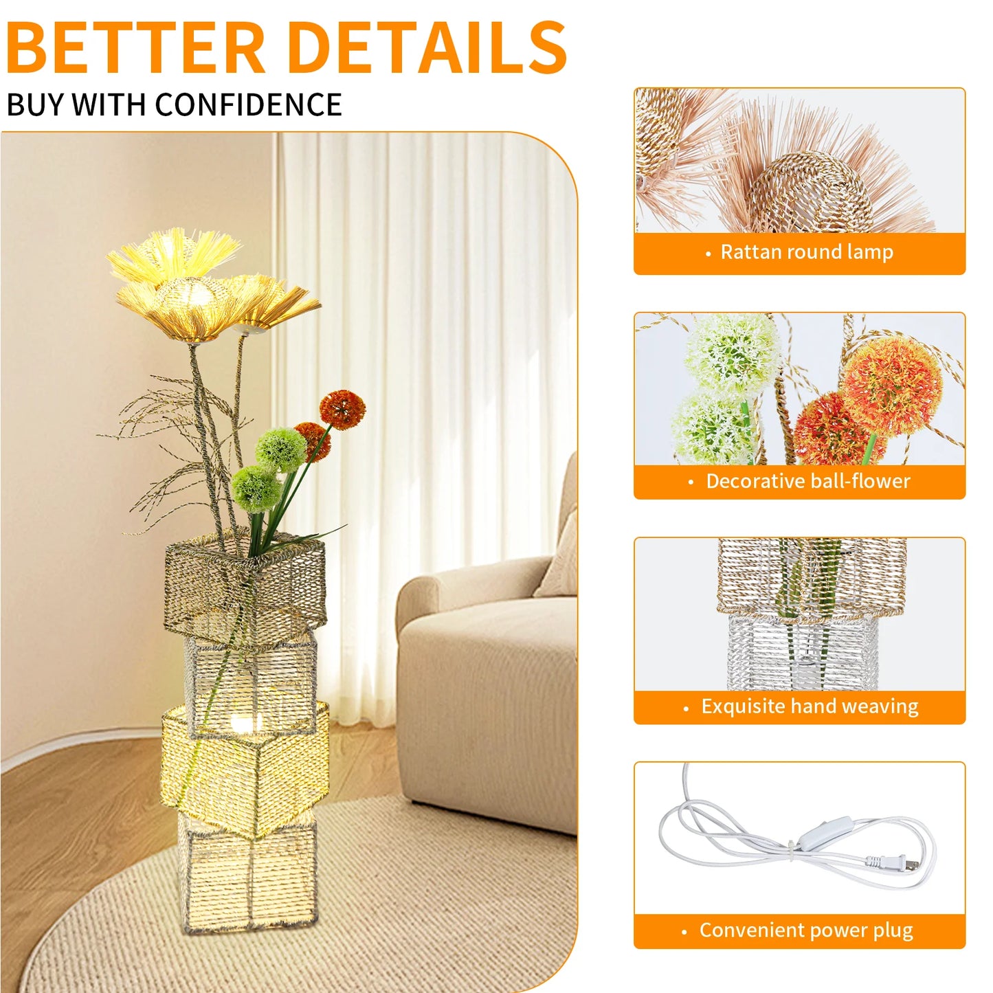 Modern Rattan Floor Lamp Dimmable