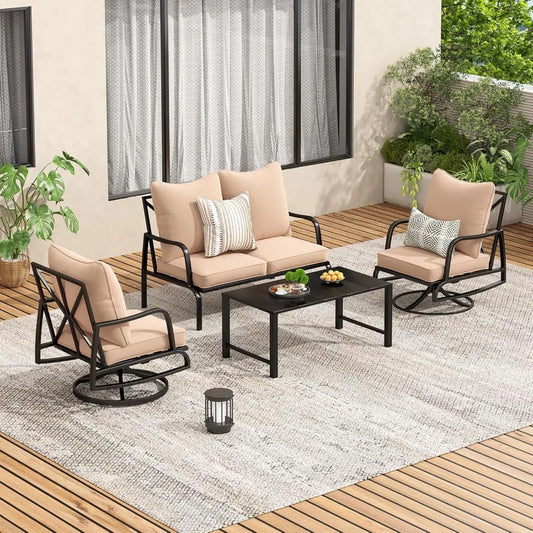 4 Piece Outdoor Patio Furniture Set, 2 x Swivel Chair, 1 x 2-Seats Sofa and 1 x Coffee Table