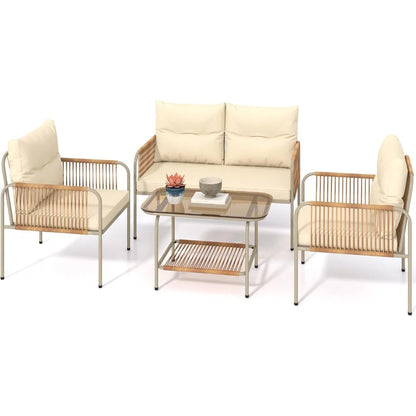 4 Pieces Patio Furniture Set, Wicker Outdoor Conversation Set