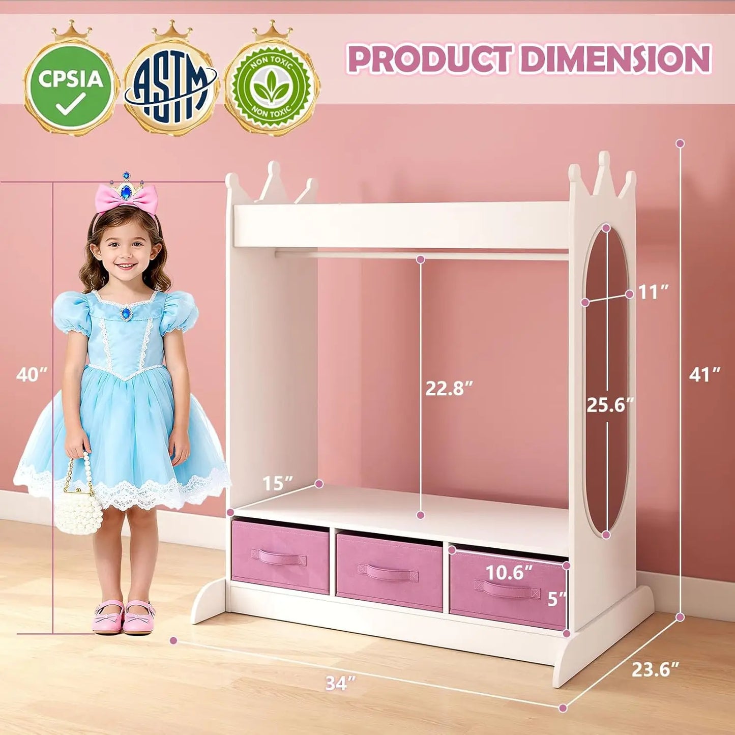 Kids Dresser with Mirror & Drawers, Playroom Storage Closet, White