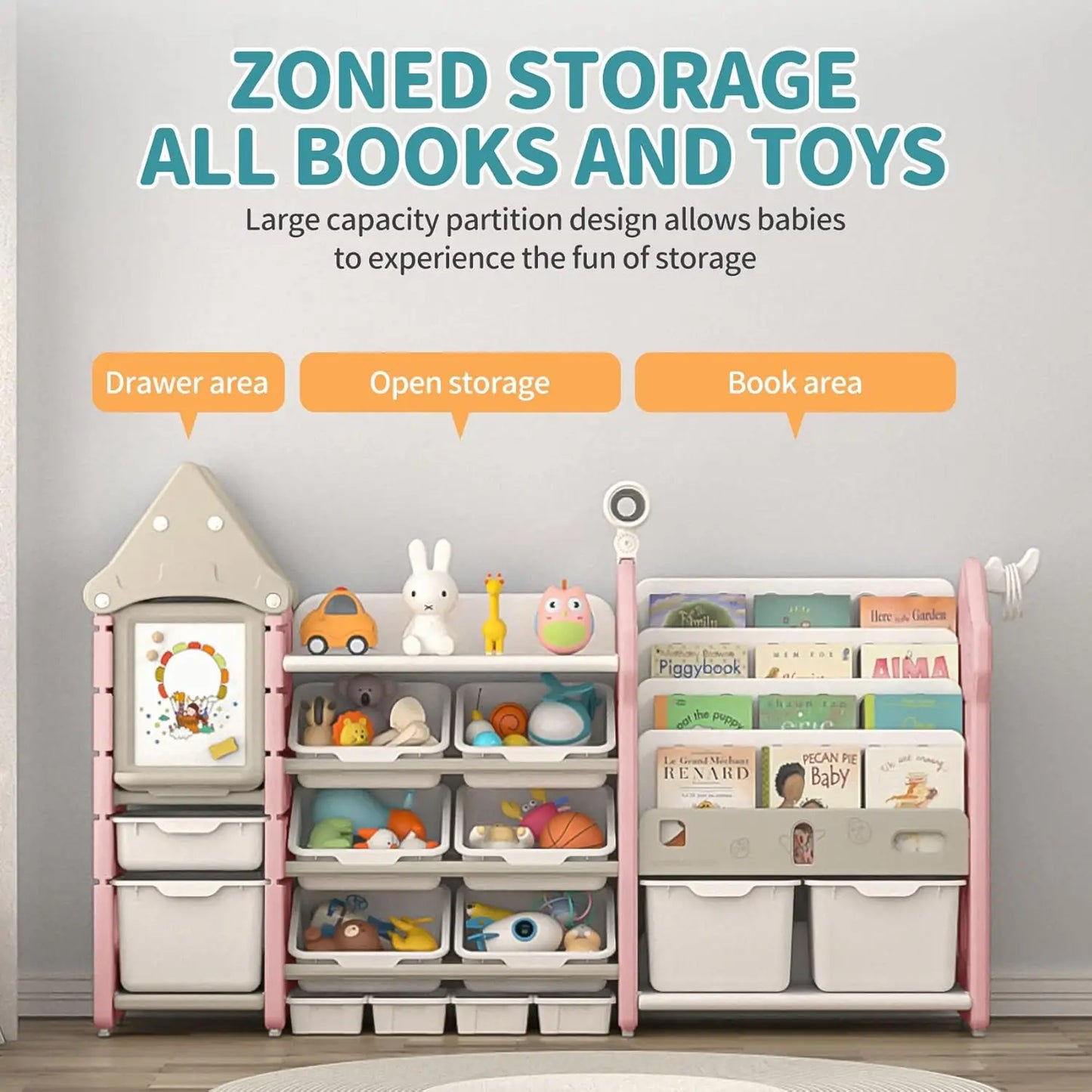 Kids Toy Organizer with 14 Bins, Pull-Out Drawers, Bookshelf