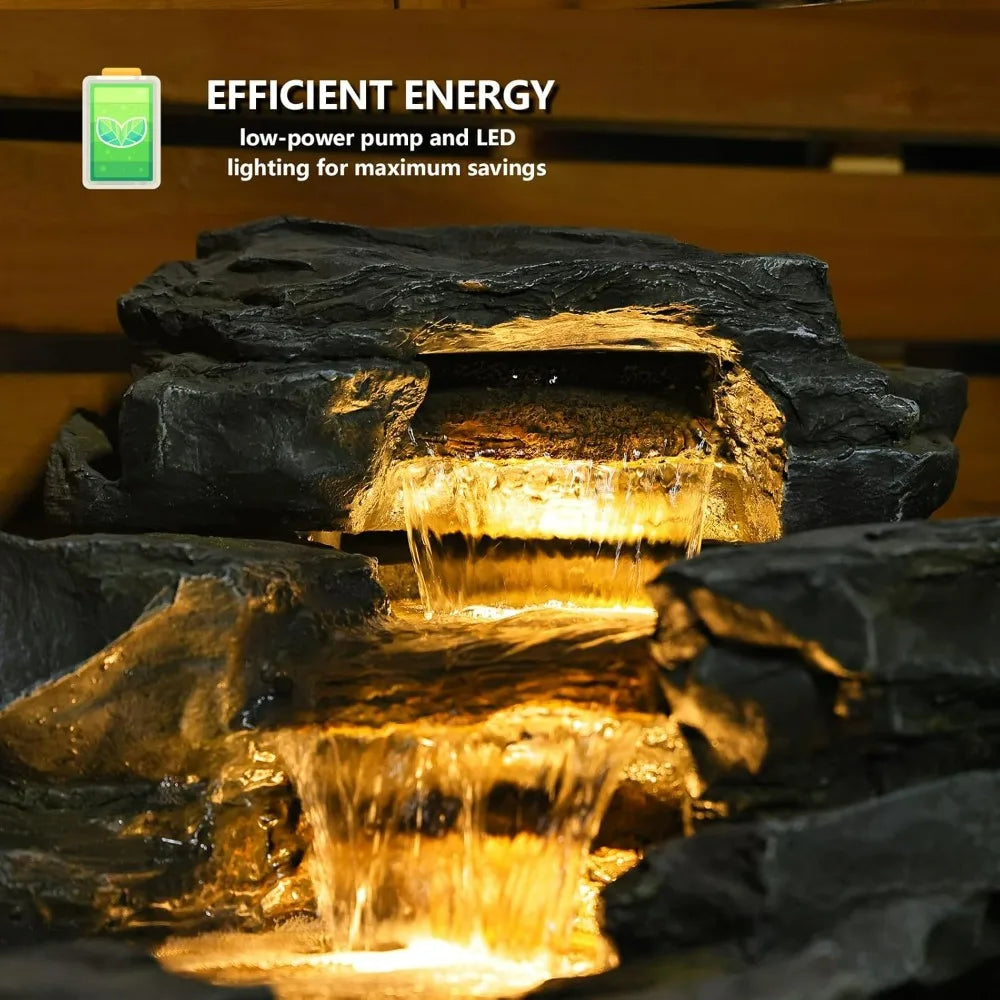 37 Liters Floor Standing 5-Level Rock Waterfall Fountain with LED Lights