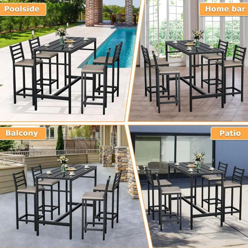 5-Piece Outdoor Patio Bar Set with 54.7 Rectangular High-Top Table and 4 Cushioned Bar Stools