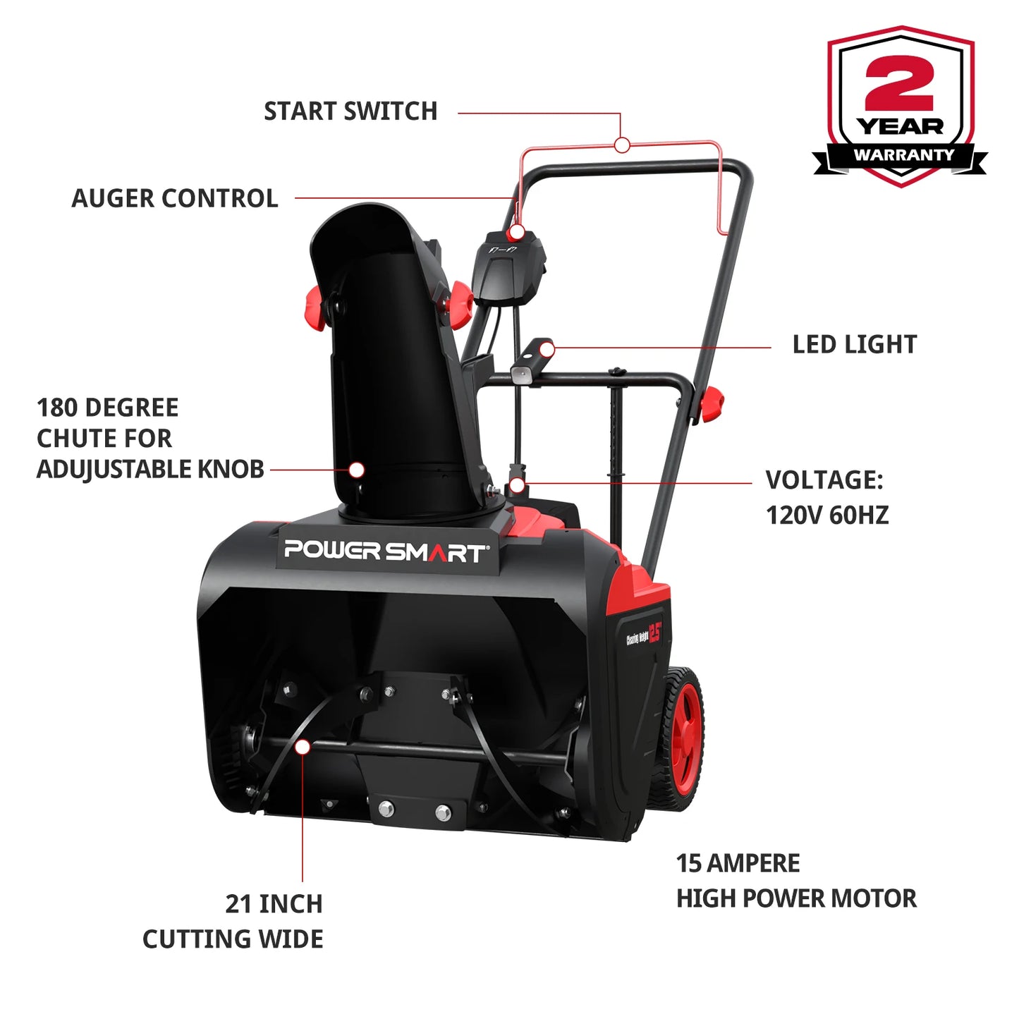 15A Electric Snow Thrower, 21" Snow Blower with 180° Chute