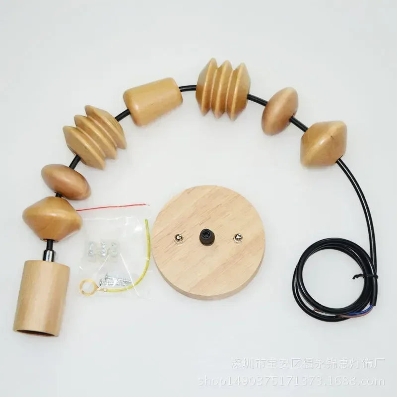 Retro Style Pendant Lights Oak Wooden Geometric Beads