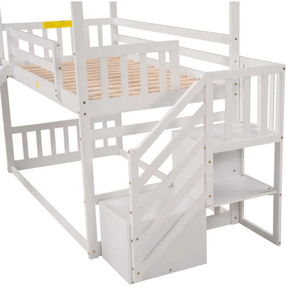 Twin Over Twin Bunk Bed with Slide, Solid Wood
