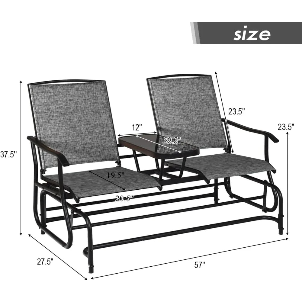 Double Bench Glider with Metal Frame and Tempered Glass Table