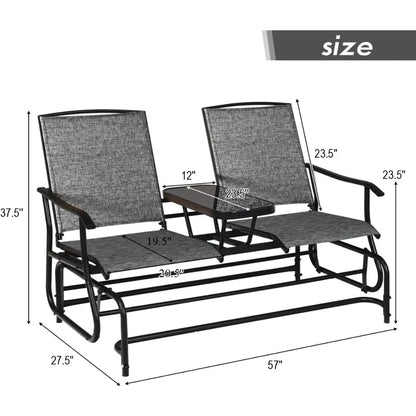 Double Bench Glider with Metal Frame and Tempered Glass Table