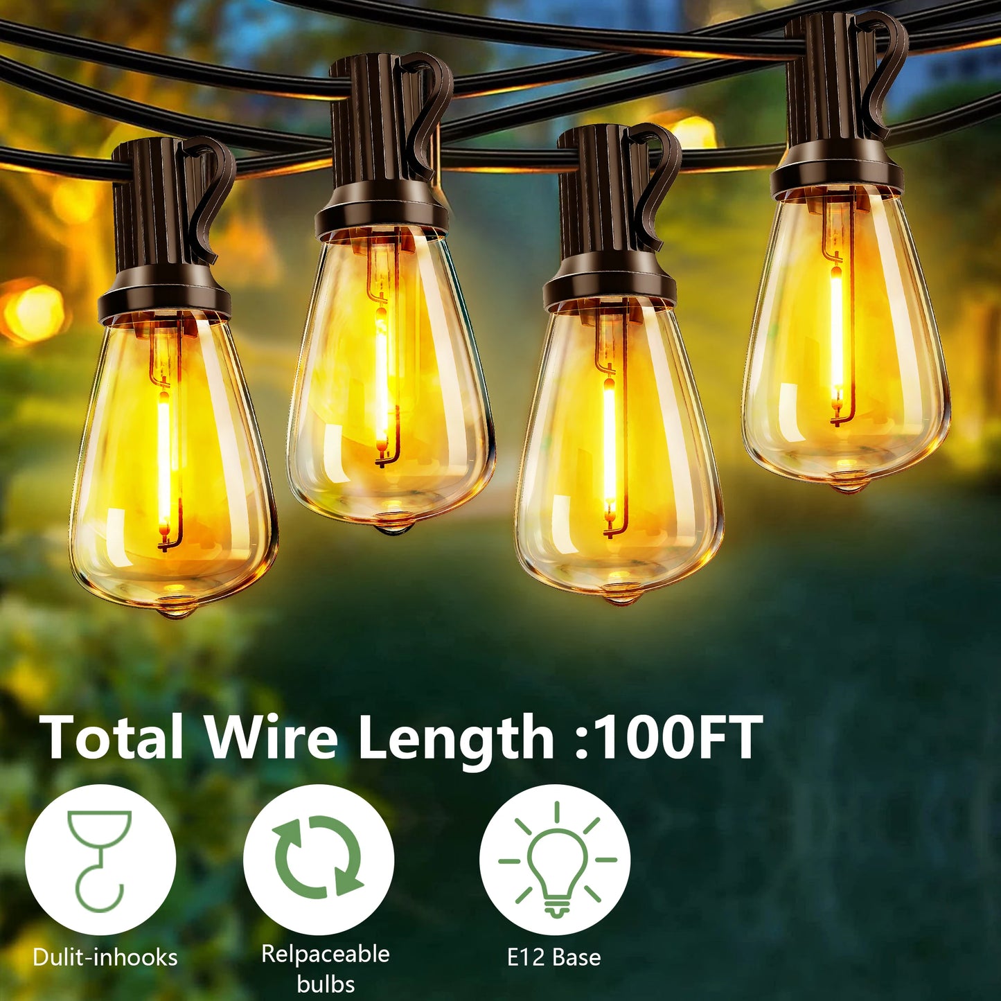 100FT Solar Outdoor String Lights IP65 Waterproof