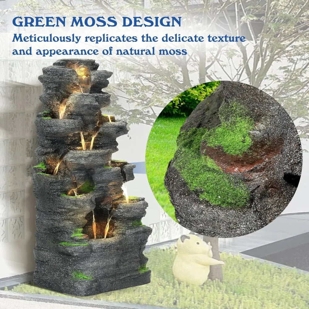 Multi-Level Outdoor Rock Waterfall Fountain with Illumination