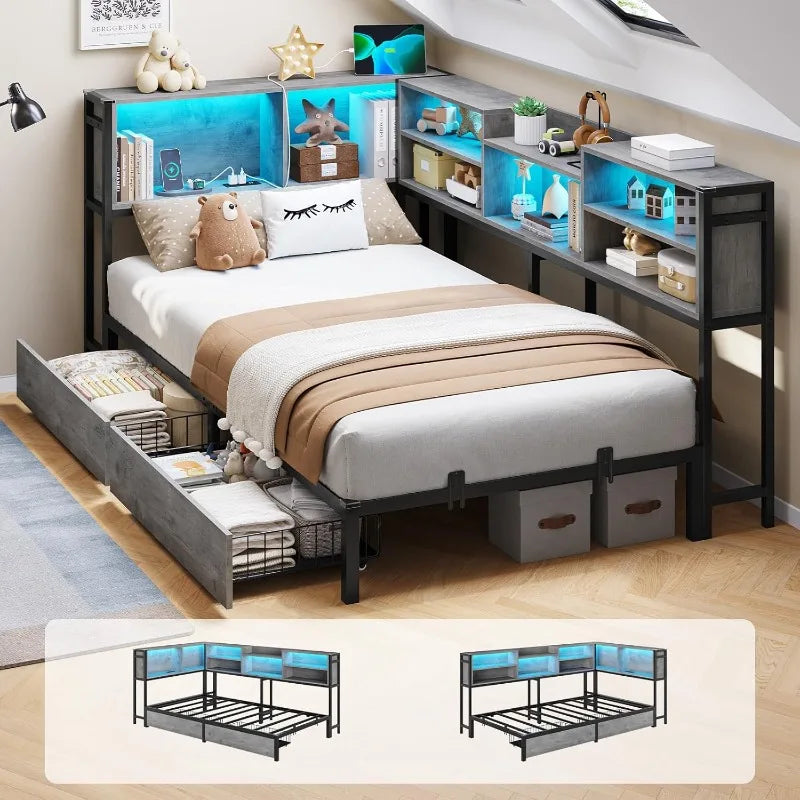 Corner Twin Bed Frame with Bookcase Storage and Led Lights
