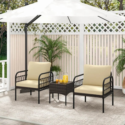 3 PCS Patio Wicker Furniture Set, Outdoor Conversation Bistro Set with Cushioned