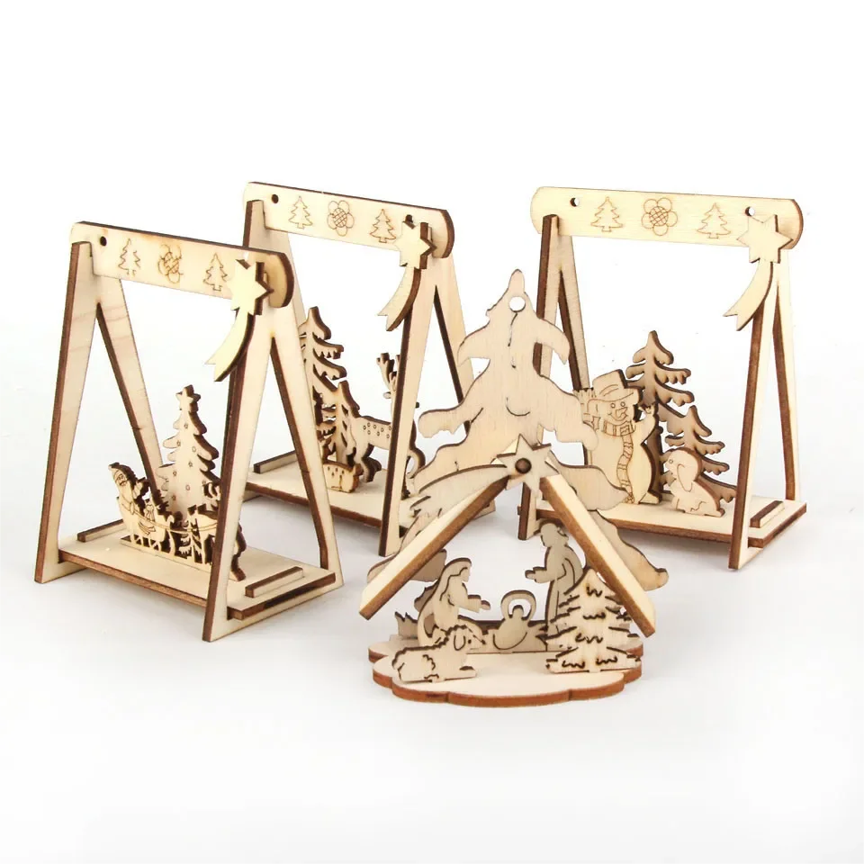 4PCS/Lot DIY Creative Mini Hollow Christmas Wooden Ornaments