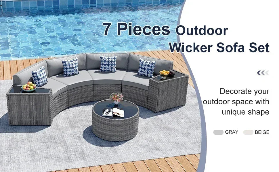 outdoor patio half-moon furniture. Grey rattan