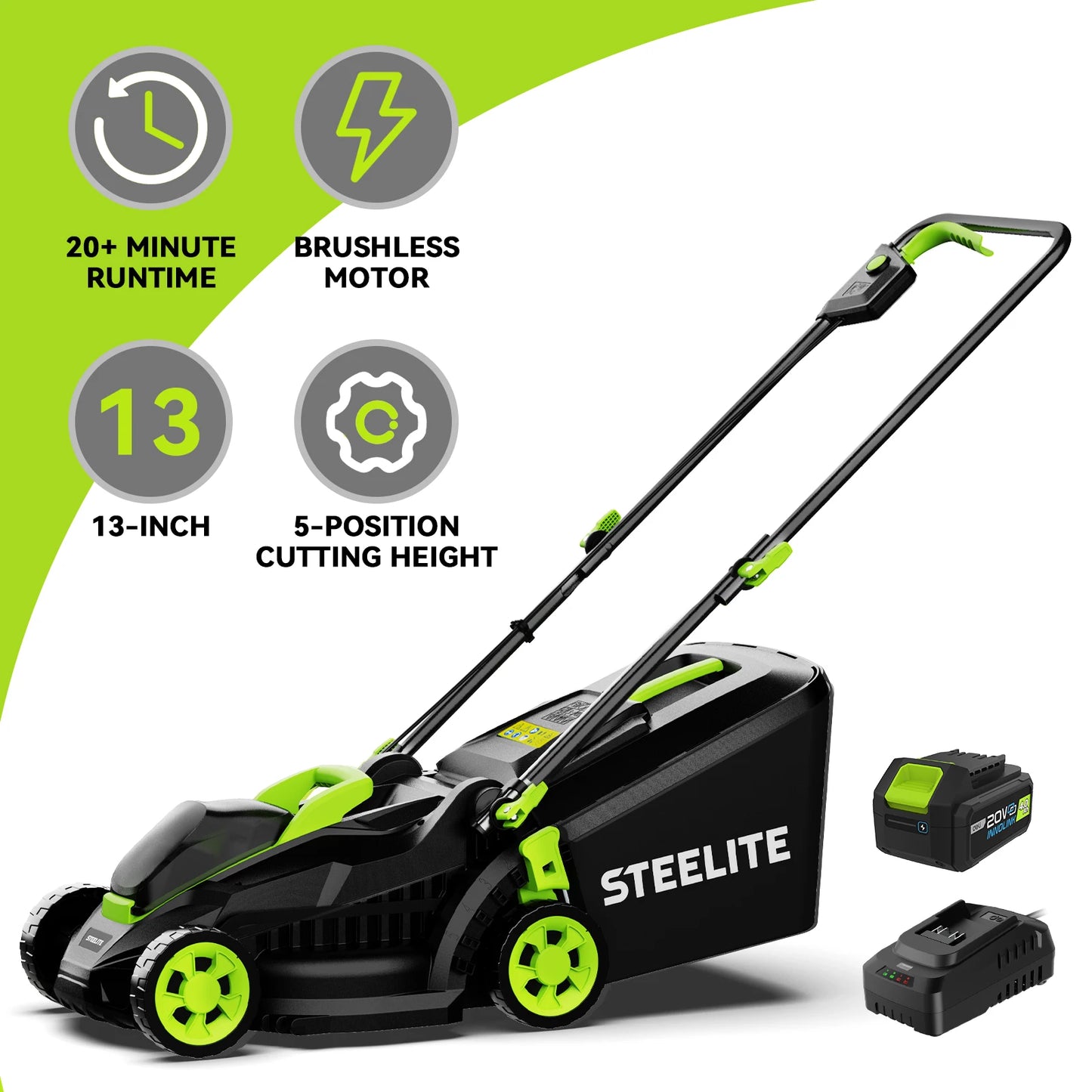 13" Electric Lawn Mower, 2-in-1 Lightweight Cordless Lawn Mower  with 21V 4.0Ah Battery and Charger