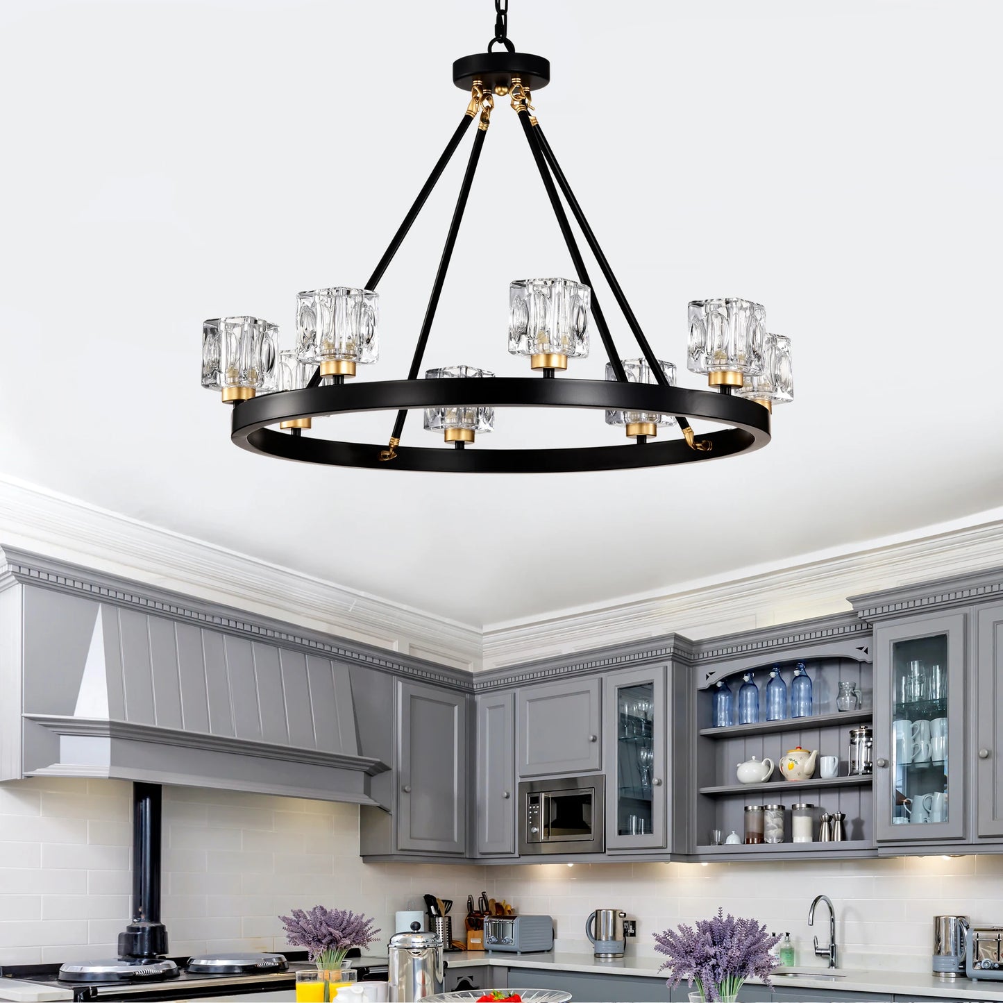 Matte Black + Gold Wagon Wheel Chandelier