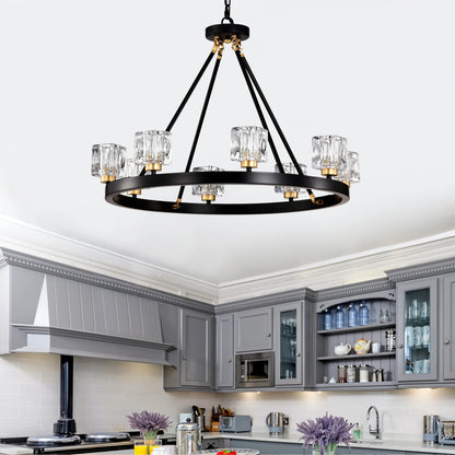 Matte Black + Gold Wagon Wheel Chandelier