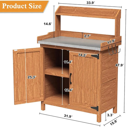 Wooden Garden Potting Table with Metal Tabletop and Removable Shelf