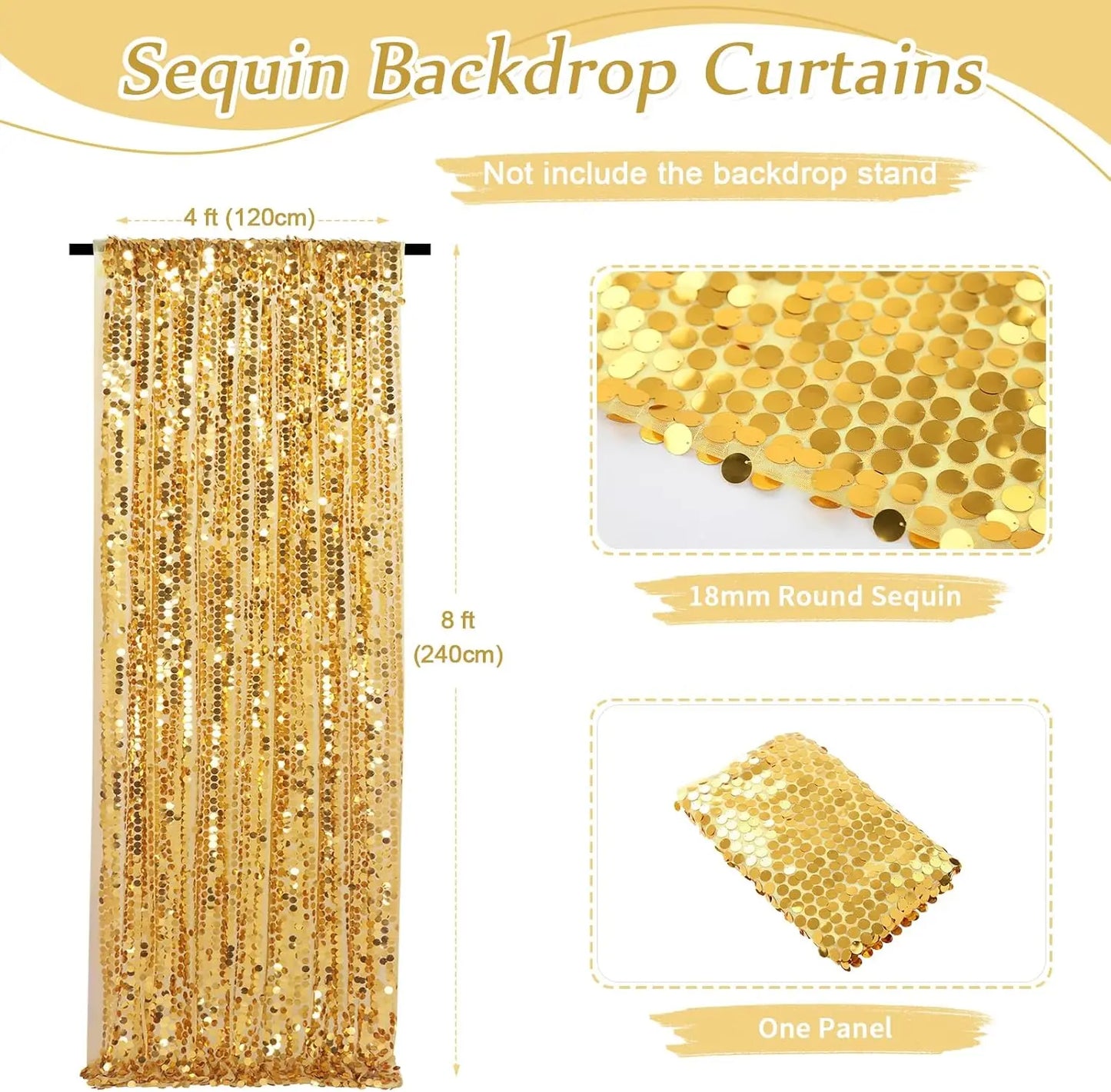 1Panel-4ftx8ft Gold Big Sequin Backdrop Curtains, Shimmer Payette Sequin Backdrop Curtain Panels for Wedding Party Christmas Dec