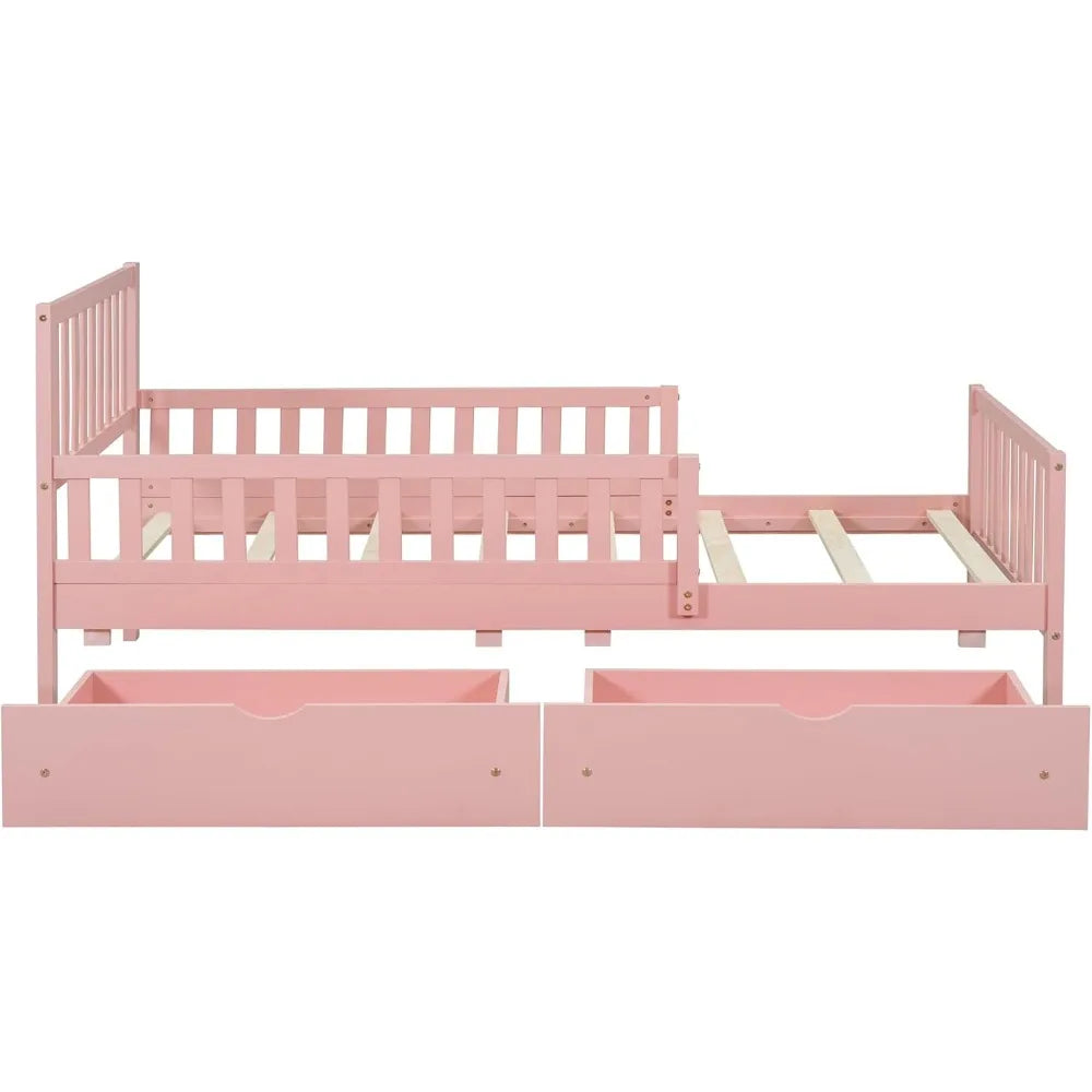 Low Platform Twin Bed with Guardrails, Headboard and Footboard