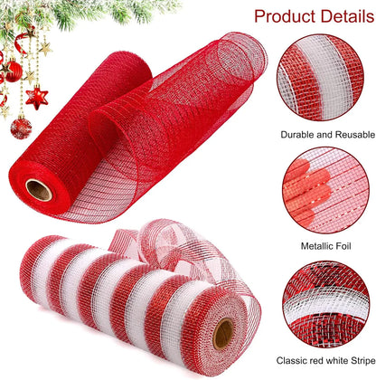 10Yard Christmas Red White Metallic Mesh Ribbon