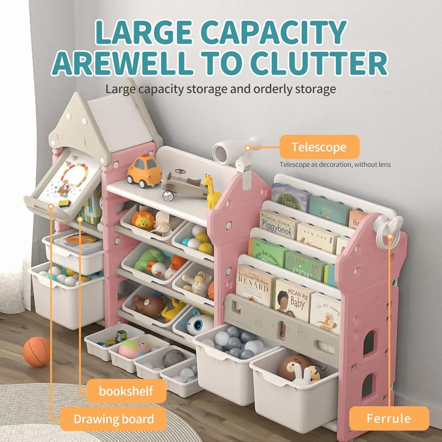 Kids Toy Organizer with 14 Bins, Pull-Out Drawers, Bookshelf