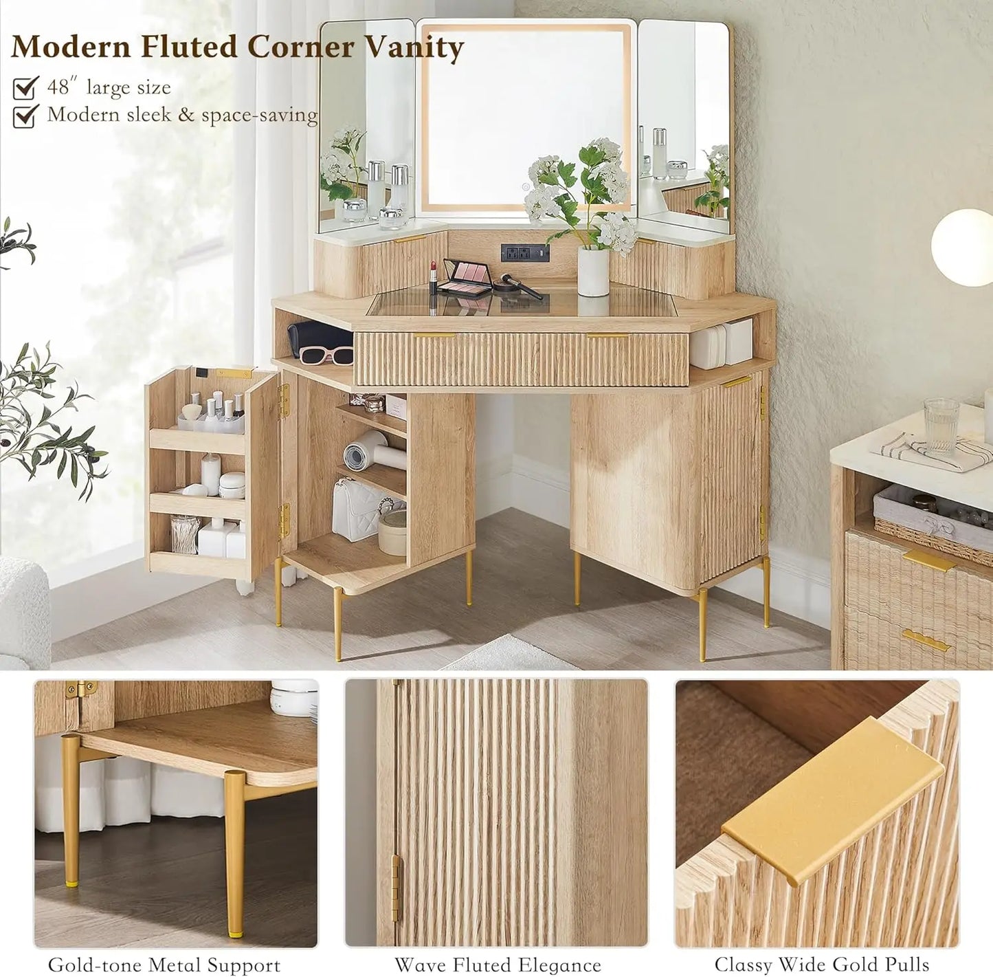 48'' Fluted Makeup Vanity Desk with HD Triple Mirror and Lights