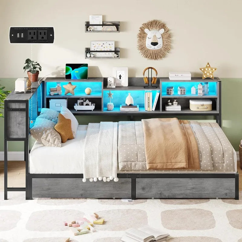 Corner Twin Bed Frame with Bookcase Storage and Led Lights