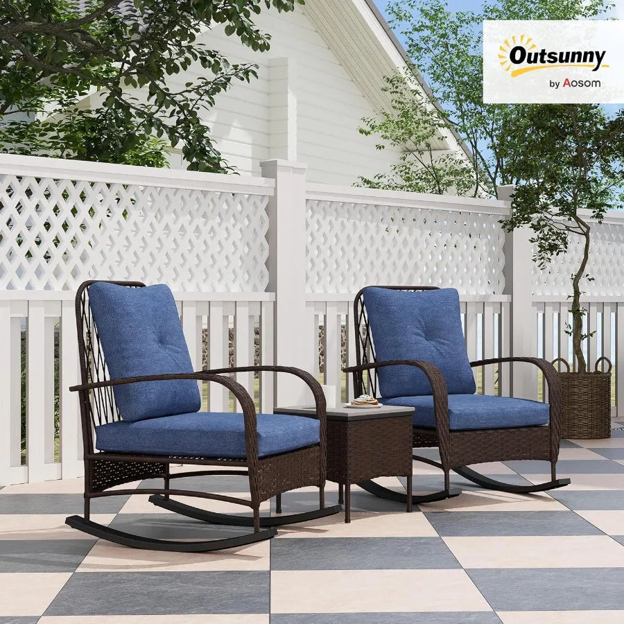 3 Piece Wicker Patio Set with Rattan Rocking Chairs Coffee Table and Cushions