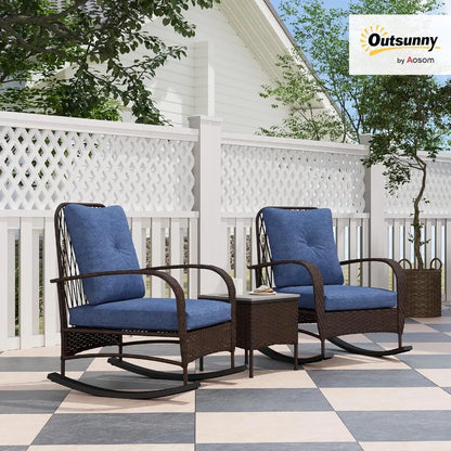 3 Piece Wicker Patio Set with Rattan Rocking Chairs Coffee Table and Cushions