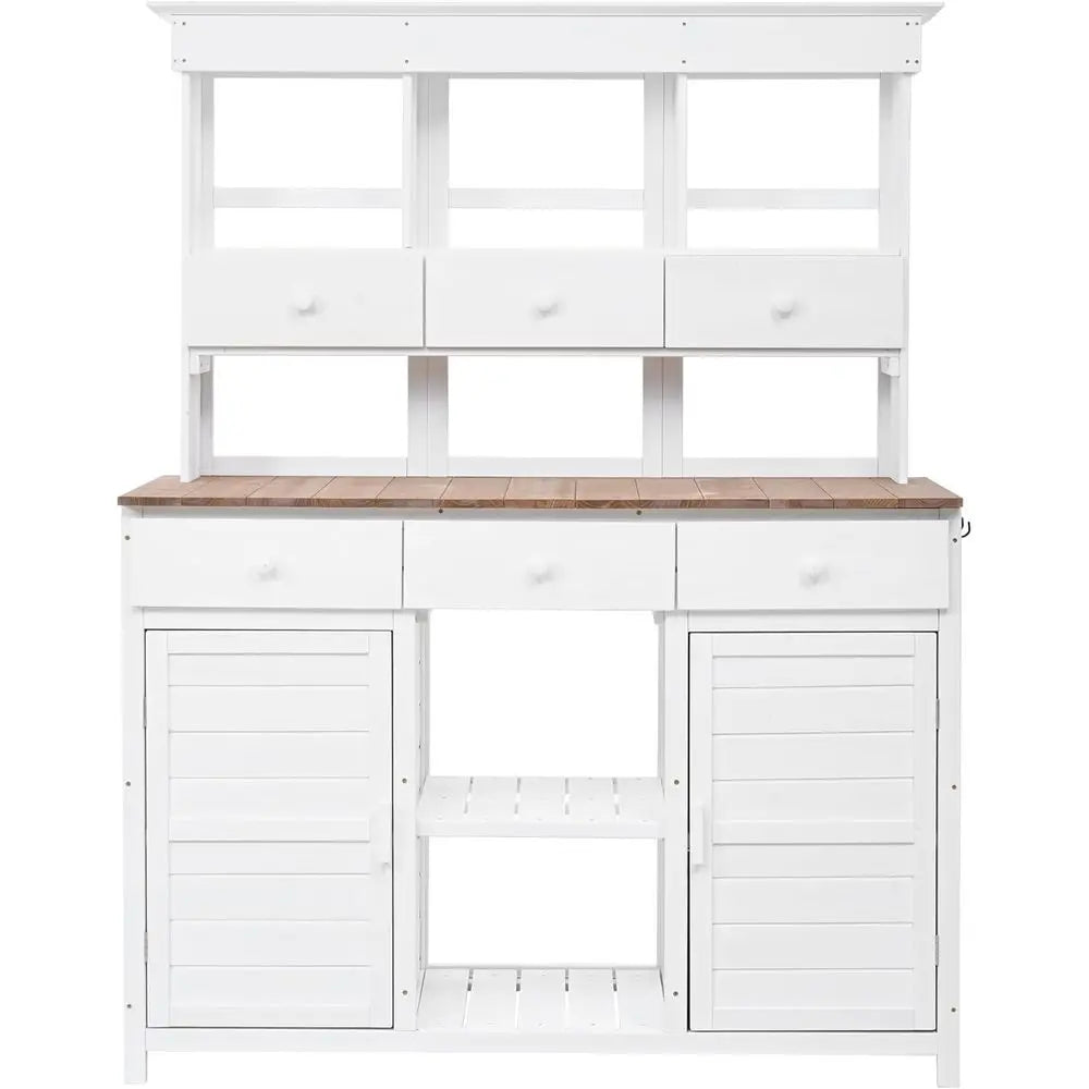 White Outdoor Potting Bench with Hutch,65.7 Tall